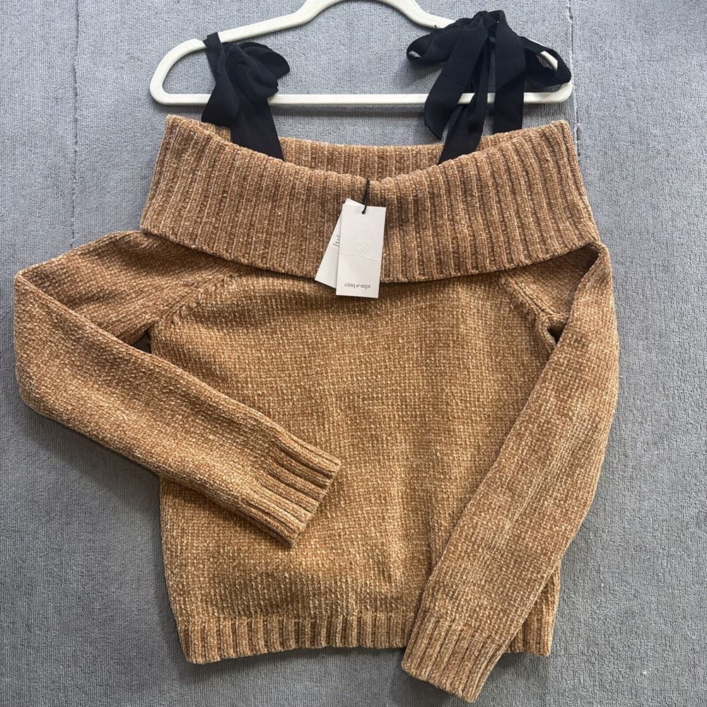 Cinq à Sept Off Shoulder Velvet Bow Sweater Brown Medium Preppy Fall Chic